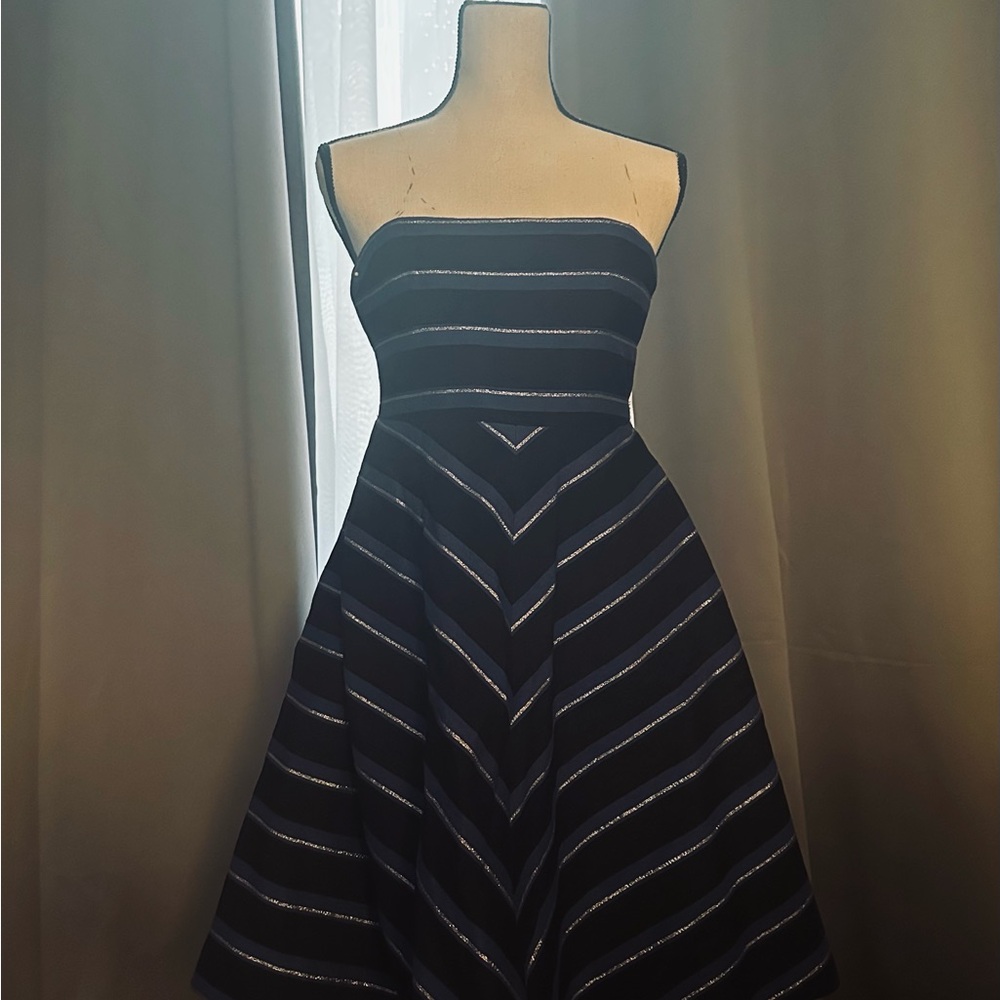 Halston Heritage Strapless Black Dress with Silver Stripes